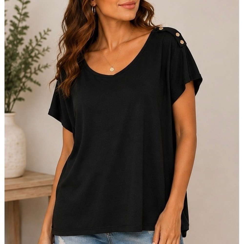 Womens Black Scoop Neck Short Sleeve Tee Gold Button Shoulder Detail Top Size-M
